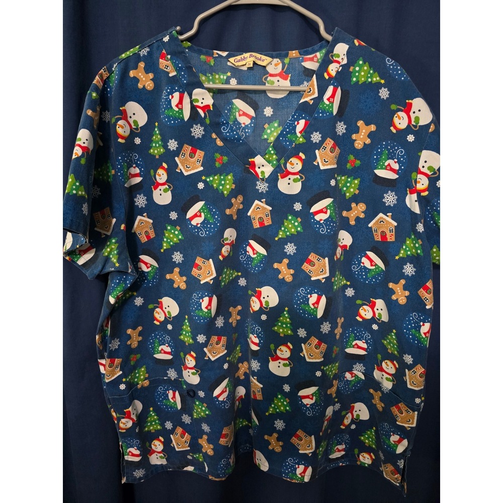 Gabby Brooke Christmas Scrub Top Womens 2X Blue Snowman Holiday V-Neck